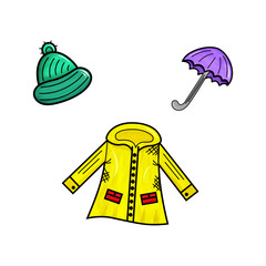 autumn watercolor set with umbrella, raincoat and hat