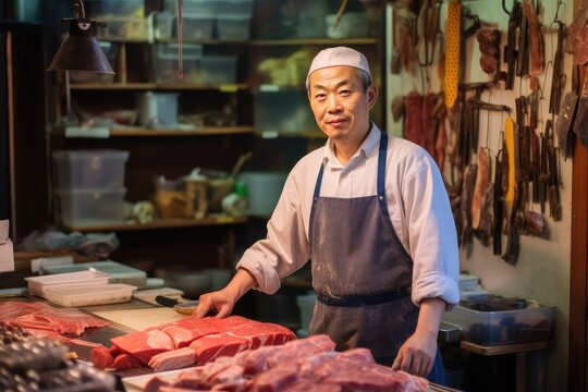 Asia Male butcher or shopkeeper working in modern meathsop,Generative AI.