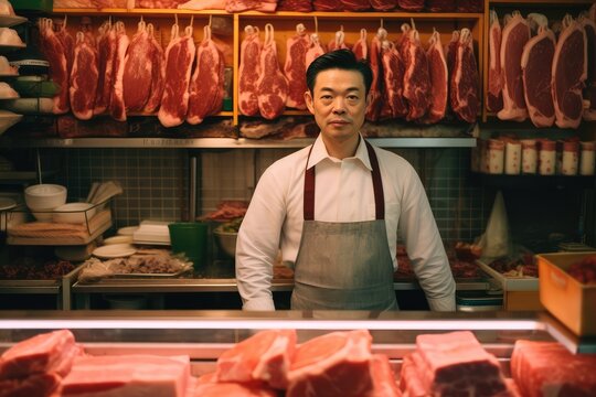 Asia Male butcher or shopkeeper working in modern meathsop,Generative AI.