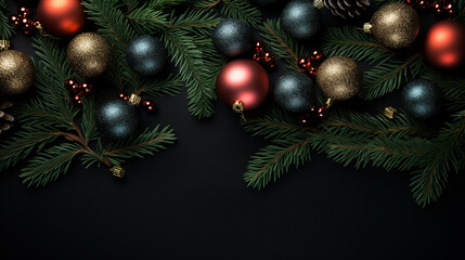 Christmas balls on branches of a Christmas tree on a dark background, Xmas Celebration, Generative Ai