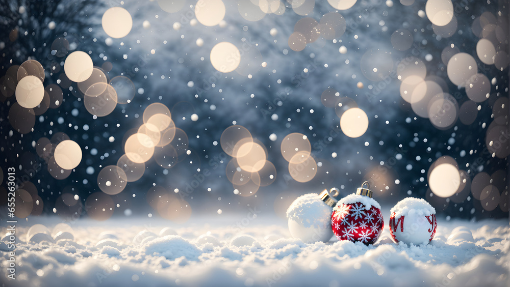 Poster winter background with snow and blurred bokeh with copy space
