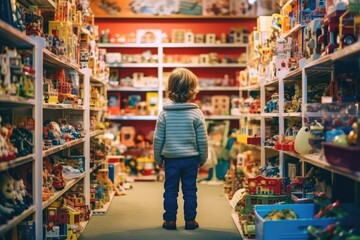 A child in a toy store, back view ,Generative AI. - obrazy, fototapety, plakaty
