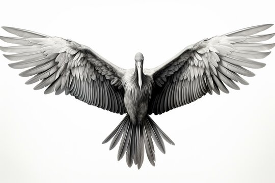 A large bird with a long beak and wide spread wings, in shades of grey and white, isolated on a white background. Generative AI