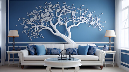 living room interior with a combination of blue and white with decoration