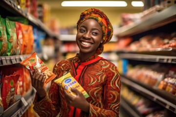 Happy african woman shopping in at Supermarket ,Generative AI. - obrazy, fototapety, plakaty