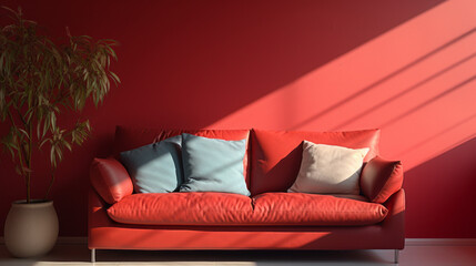 A red couch with two throw pillows