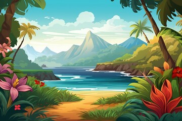 Colorful cartoon border showcasing the beauty of Hawaii. Generative AI