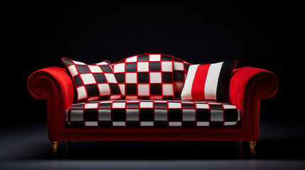 A red sofa with a black and white checkered pattern, two cushions, and wooden legs