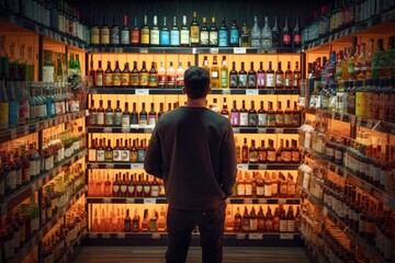 A man in a alcoholic beverages store, back view ,Generative AI.