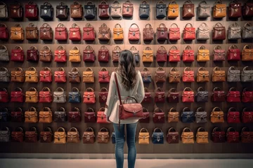 Fotobehang Woman in a brand name bags store, back view ,Generative AI. © bird_saranyoo