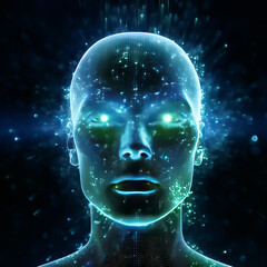 An abstract neon digital blue and green glowing human face
