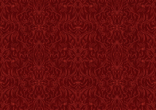 Hand-drawn unique abstract symmetrical seamless ornament. Bright red on a deep red background. Paper texture. Digital artwork, A4. (pattern: p11-1b)