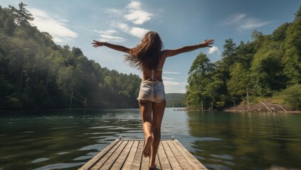 carefree leisure female woman traveller running alone wooden deck on the beautiful river or lake in forest nature park travel vacation in nature concept - obrazy, fototapety, plakaty