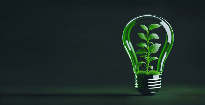 green energy light bulb with a plant and leaves on a dark background. Generative AI