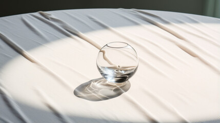 A round glass table with a white tablecloth