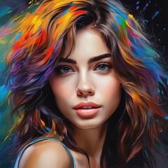 beautiful young woman with colorful hair in a colorful dress. beautiful young woman with colorful hair in a colorful dress. digital painting. woman with colorful hair.