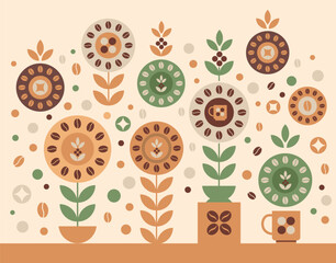 Illustration with coffee beans and flowers in minimalistic style. Packaging design for coffee shop. Vector print with circular shapes for menu, cafe wall, banners. - 655269299