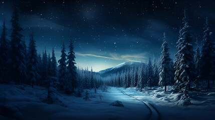 A night glade with snow-covered trees. View of the winter forest, a place of outdoor recreation