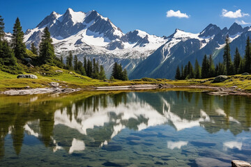 A serene and pristine mountain lake reflecting snow-capped peaks, portraying the love and creation of tranquil and unspoiled alpine vistas, love and creation