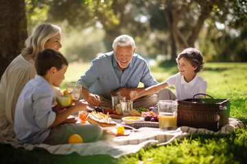 A family picnic in the park with grandparents sharing their favorite recipes, love and creation