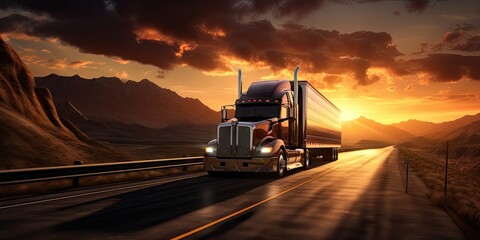 Sunset highway. Journey of freight transportation. Delivering future. Cargo trucks in motion. On road. Logistics and trucking industry. From dusk till dawn. World of cargo - obrazy, fototapety, plakaty
