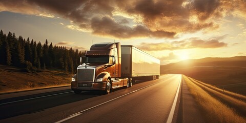 Sunset highway. Journey of freight transportation. Delivering future. Cargo trucks in motion. On road. Logistics and trucking industry. From dusk till dawn. World of cargo