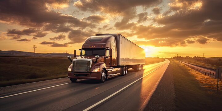 Sunset highway. Journey of freight transportation. Delivering future. Cargo trucks in motion. On road. Logistics and trucking industry. From dusk till dawn. World of cargo