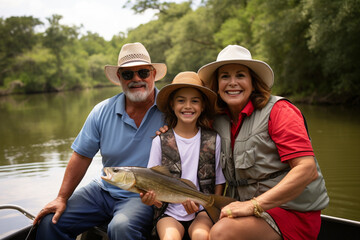 A family fishing trip with grandparents imparting their angling wisdom to the kids, love and creation