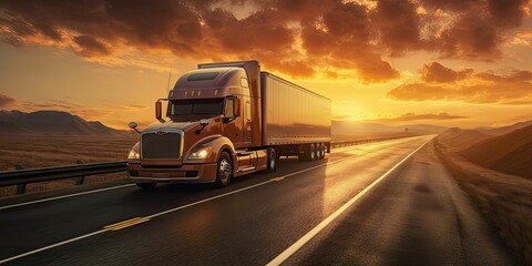 Sunset highway. Journey of freight transportation. Delivering future. Cargo trucks in motion. On road. Logistics and trucking industry. From dusk till dawn. World of cargo