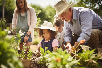 Grandparents and grandchildren taking part in a community gardening project, tending to plants and flowers, love and creation