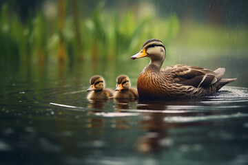 Harmonious Duck Family: Tranquil Late Afternoon Rain Enriches Pond Swim
