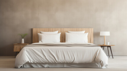 Fototapeta na wymiar Contemporary Comfort: Minimalist Hotel Bedroom with Natural Lighting and Warm Wooden Accent