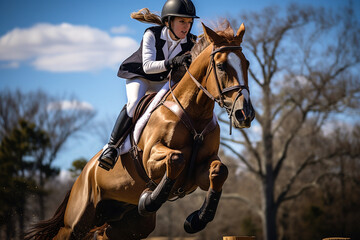 The exhilaration on a rider's face as they clear a daunting jump, symbolizing the love and creation of triumphant moments in equestrian sports, love and creation