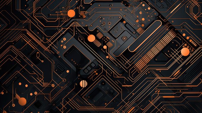Neon glowing abstract microcircuit board background. Black Friday sale, cyber Monday concept. Chip illuminated with neon light illustration. Futuristic technology wallpaper for banner, poster, card.