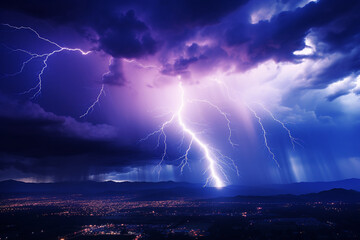 Naklejka na ściany i meble A lightning strike illuminating a stormy night sky, highlighting the awe-inspiring power of nature, love and creation