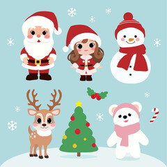 A set of Christmas characters, including Santa Claus, a snowman, a reindeer, a Christmas tree, and a polar bear.