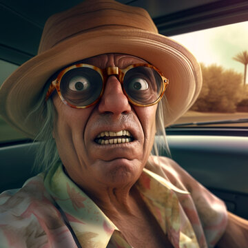 Googly-Eyed Man in Car Emanating Hunter S. Thompson Vibes - Funny Outburst & "Fear and Loathing" Inspiration. Generative AI.