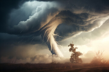 A tornado's funnel cloud reaching down to touch the earth, symbolizing the raw power of nature in...