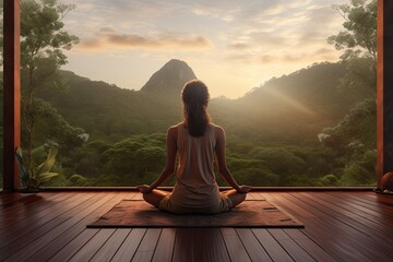 Healthy wellness woman yoga breathing meditating in lotus position. Generative AI - obrazy, fototapety, plakaty