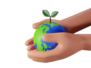 Hand holding globe with tree growing, World environment day concept, saving environment, 3D render illustration