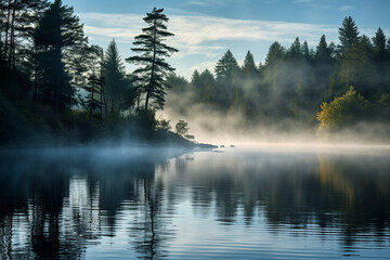 The serene beauty of a morning fog rolling in over a quiet lake, emphasizing the atmospheric transformations brought by changing weather, love and creation
