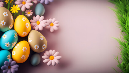 A charming Easter composition featuring colorful eggs and blooming flowers, with ample copyspace on the side