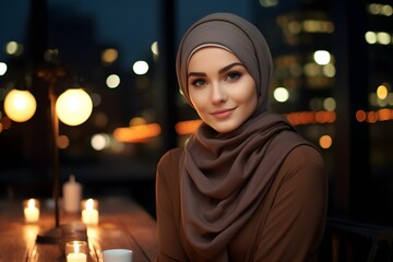 Feminine and elegant young hijabi lady in a date, sitting in a restaurant terrace by night with candles, professional dating app photography, Horizontal format 3:2