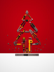 A symbolic Christmas tree made of construction tools. New Year and Christmas greeting illustration. 3D render.