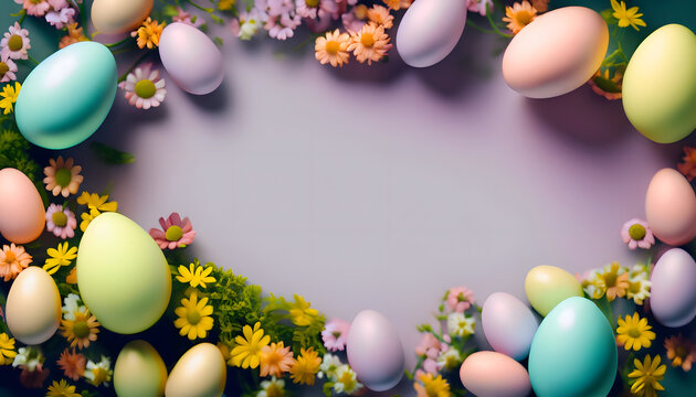 A charming Easter composition featuring colorful eggs and blooming flowers, with ample copyspace on the side