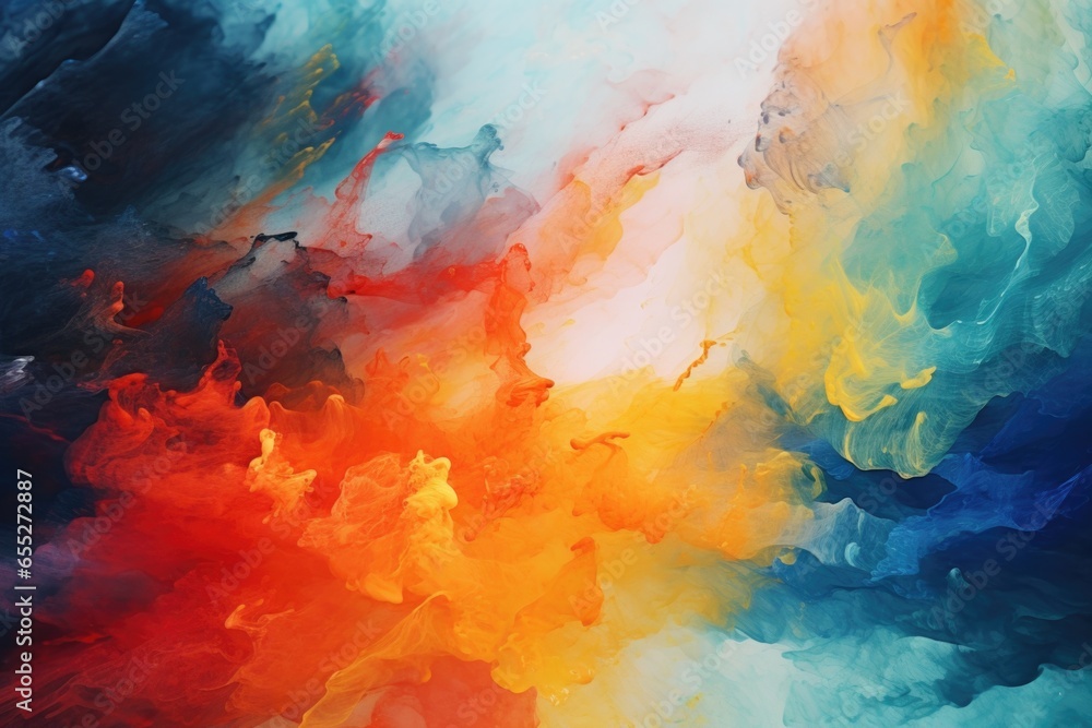 Poster a vibrant and colorful abstract painting featuring a red, yellow, and blue cloud. this artwork can a