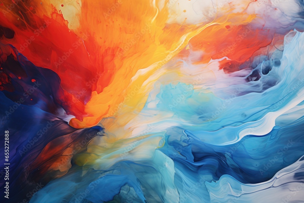 Poster an abstract painting of a vibrant wave in shades of red, orange, blue, and white. this artwork can a