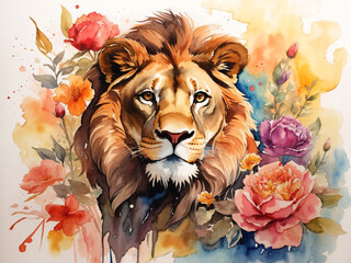 Watercolor illustration of lion surrounded by flowers and splashes of watercolor paint
