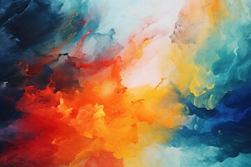 A vibrant and colorful abstract painting featuring a red, yellow, and blue cloud. This artwork can add a modern and lively touch to any space.