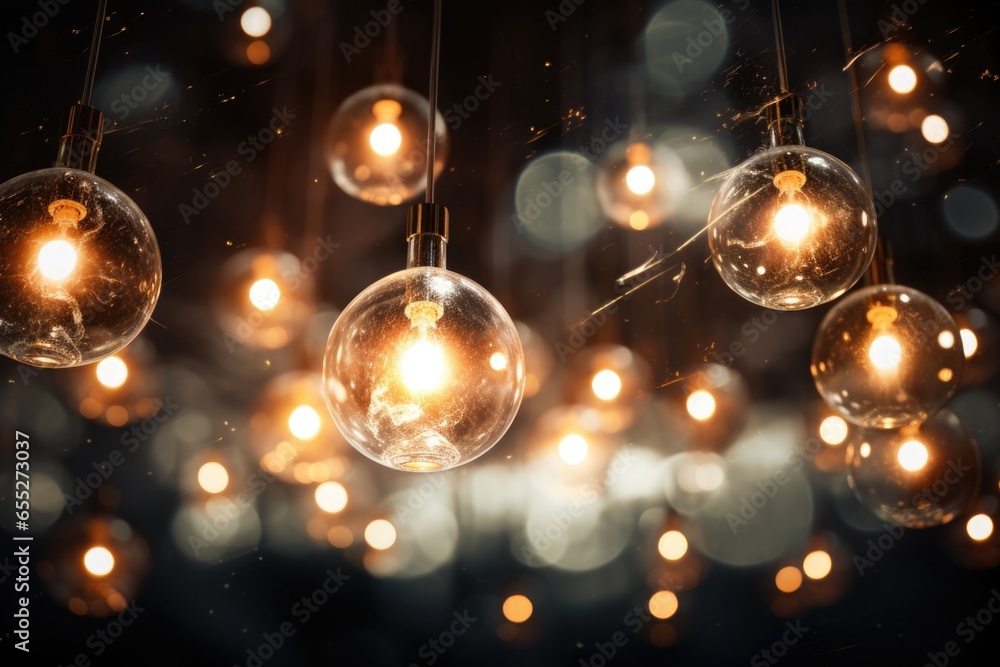 Poster A collection of light bulbs hanging from a ceiling. Perfect for adding a unique and modern touch to any interior design project.